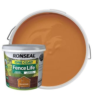 Ronseal One Coat Fence Life Harvest Gold Fence Paint 5L tub with Harvest Gold colour swatch