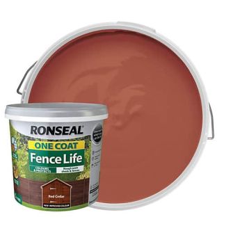 Ronseal One Coat Fence Life Red Cedar Fence and Shed Paint 5L shown with Red Cedar colour sample.