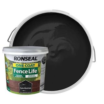 Ronseal One Coat Fence Life Tudor Black Oak Fence Paint 5L tub with Tudor Black Oak colour swatch.