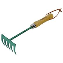 green hand drag rake with wooden short handle