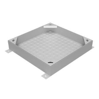 Product illustration. Galvanised recessed block paving manhole cover frame and tray designed for 80mm block paviours and domestic driveway installations.